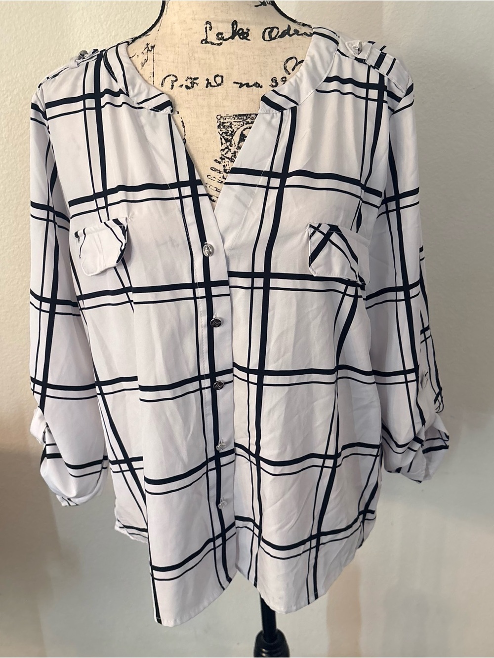 Adrienne Vittadini White and Black Windowpane Button-Down Blouse